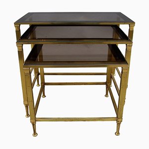Vintage Gilt Metal and Smoked Glass Nesting Tables, Set of 3