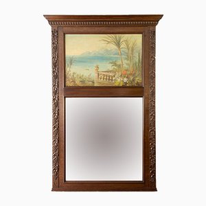 Antique Carved Oak Framed Mirror with Painting, 1920s