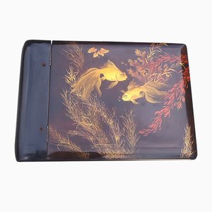 Vintage Black Lacquered Wooden Photo Album with Fish Motif, 1960s