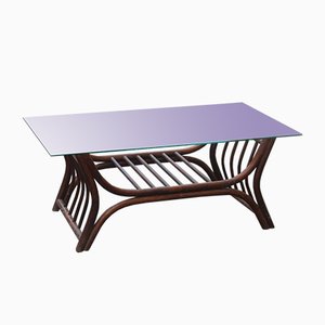 Mesa de centro italiana rectangular de bambú marrón y vidrio, años 60