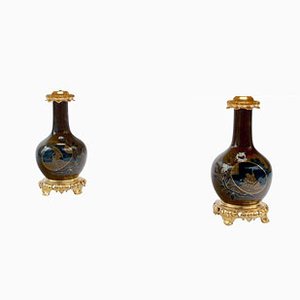 Lámparas estilo japonés antiguas de porcelana marrón y azul. Juego de 2
