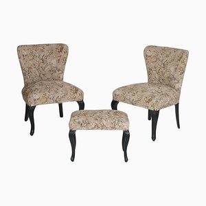 Jugendstil Sessel & Fußhocker aus ebonisiertem Nussholz, 3er Set