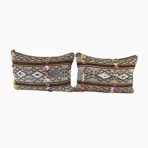 Geometrical Turkish Kilim Pillow Covers with Traditional Pattern, Set of 2