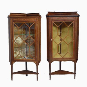 Antique Edwardian Mahogany Inlaid Corner Display Cabinets, Set of 2