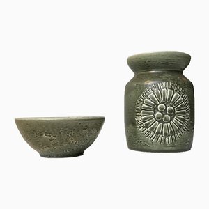 Zenit Ceramic Green Vase & Bowl Set by Gunnar Nylund for Rörstrand, 1970s