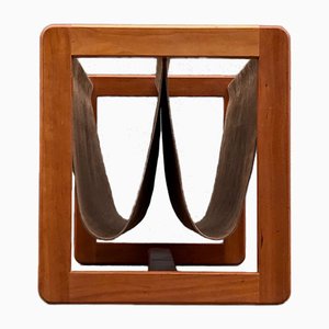 Dual Teak & Suede Leather Magazine Rack by Aksel Kjersgaard, 1960s