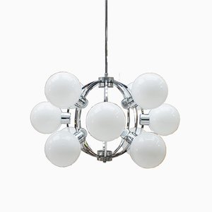 Large German Chrome Ceiling Lamp with 12 Opaline Glass Globes, 1960s