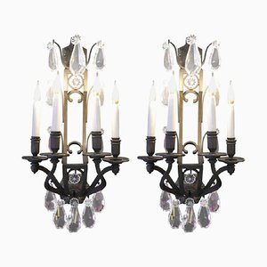 Antique Bronze Sconces with Crystals, Set of 2