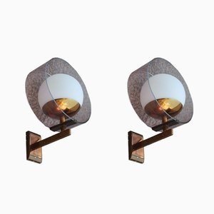 Round Mid-Century Acrylic Glass & Brass Wall Sconces from Stilux Milano, 1960s, Set of 2