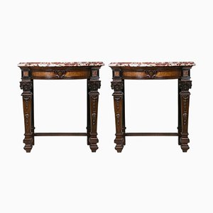 Antique French Napoleon III Mahogany and Marble Console Tables, Set of 2