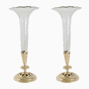 Vaso Soliflores antico in cristallo e bronzo dorato, set di 2