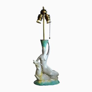 Vintage German Glazed Ceramic & Brass Figurine Lamp, 1920s
