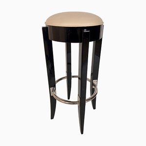 High-Gloss Black Lacquer & Beige Leather Bar Stool from ADM Art Déco Moderne