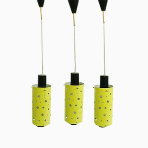 French Brass and Yellow Perforated Metal Pendant Lamps by Mathieu Mategot, 1950s, Set of 3