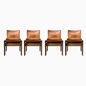 Italian Cognac Leather & Walnut Monk Chairs by Tobia & Afra Scarpa for Molteni, 1973, Set of 4