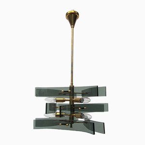Smoked Glass and Brass Chandelier from Fontana Arte, 1960s