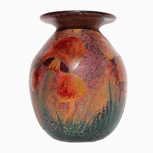 Antike französische emaillierte & geätzte Glasvase in Pilz-Optik von Daum