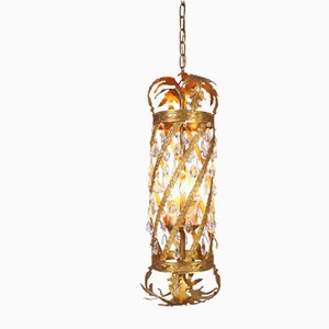 Lámpara colgante francesa antigua estilo Rococó de metal dorado y cristal