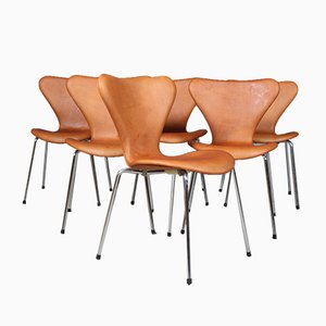 Sedia da pranzo Syveren 3107 in pelle anilina e acciaio tubolare di Arne Jacobsen per Fritz Hansen, Danimarca, anni '60