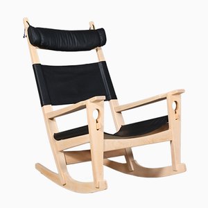 Rocking Chair Vintage en Cuir Aniline Noir par Hans J. Wegner