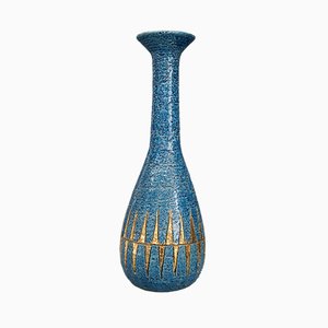 Botella vintage de cerámica azul y dorada de Aldo Londi para Bitossi