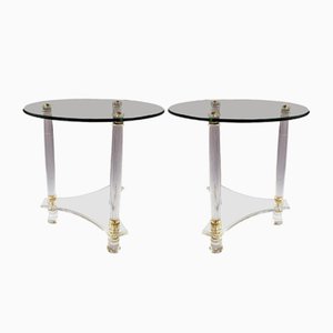 Vintage French Acrylic Glass & Brass Side Tables, Set of 2