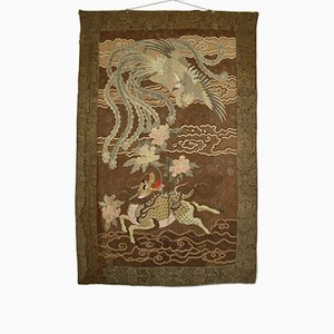 Großer antiker bestickter japanischer Meiji Seidenteppich, 1890er