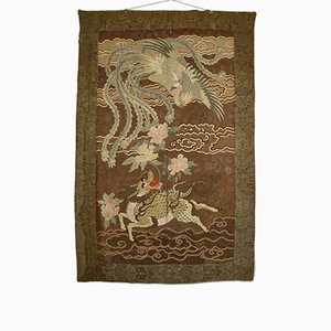 Large Antique Japanese Meiji Silk Embroidered Tapestry, 1890s