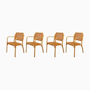 Bentwood Beech and Rattan Chairs, 1970s, Set of 4