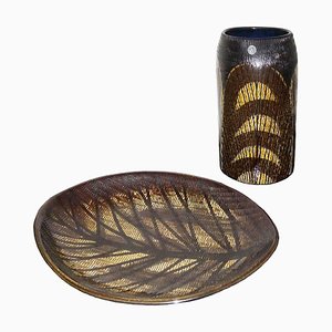 Mid-Century Modern Ceramic Vase and Tray from Upsala-Ekeby, Sweden, Set of 2