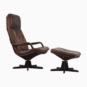 Set of Danish Leather Adjustable Easy Chair & Ottoman Set from Berg Furniture, 1970s