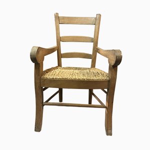 Vintage Rustic Cherry & Straw Armchair, 1950s