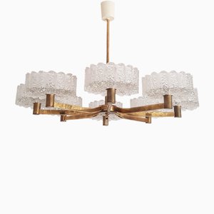 Large Chandelier in Frosted Glass and Brass in the style of Kalmar, 1960s