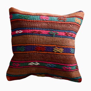 Brown & Pink Wool and Cotton Striped Kilim Pillow Cover by Zencef Contemporary