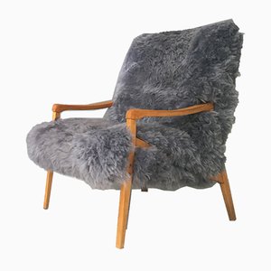 Bentwood and Gray Sheepskin Armchair from TON, 1960s