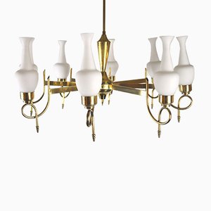 Mid-Century Brass and Opaline Glass Chandelier, 1950s