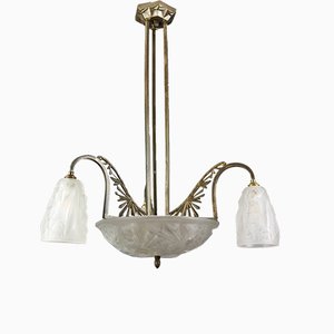 Frosted Glass & Bronze Chandelier by Francis Hubens for Verrerie D'Art Degué, 1930s