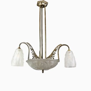 Lámpara de araña de vidrio esmerilado y bronce de Francis Hubens para Verrerie D'Art Degué, años 30