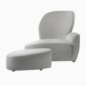 Juego de sillón de tela gris claro y madera de ébano con reposapiés de CA Spanish Handicraft