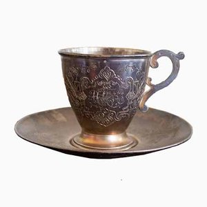 Antique Silver Cup and Saucer Set, Set of 2
