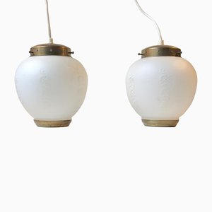 Scandinavian Modern Brass and Opaline Glass Ceiling Lamps, 1950s, Set of 2