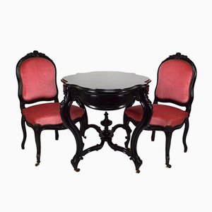 Antique Ebonised Wood Game Table and Chairs, Set of 3