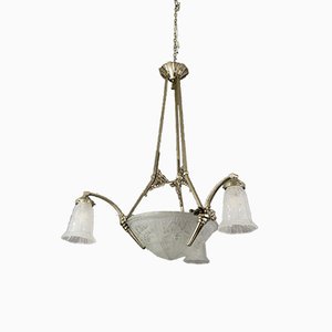 Lampadario in vetro smerigliato e bronzo di Maynadier Pierre, anni '30