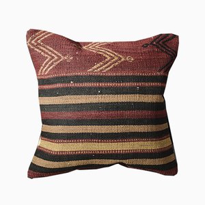 Burnt Orange and Black Wool Striped Kilim Pillow Cover by Zencef Contemporary