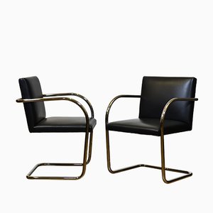 Tubular Steel and Black Leather Brno Chairs by Mies van der Rohe for Knoll, 1980s, Set of 2