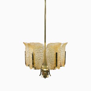Glass and Brass Ceiling Lamp in the Style of Carl Fagerlund for Orrefors, 1960s