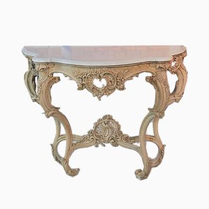 Antique Wood and White Marble Console Table