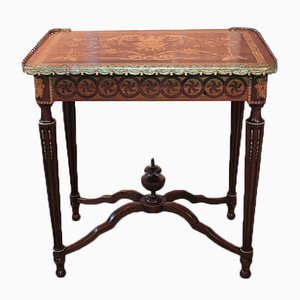 Tavolino antico in mogano e faggio intarsiato