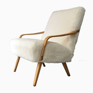 Vintage Art Déco Sessel mit Gestell aus Bugholz & weißem Schafsfellbezug
