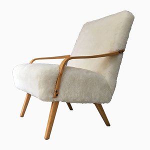Vintage Art Déco Sessel mit Gestell aus Bugholz & weißem Schafsfellbezug
